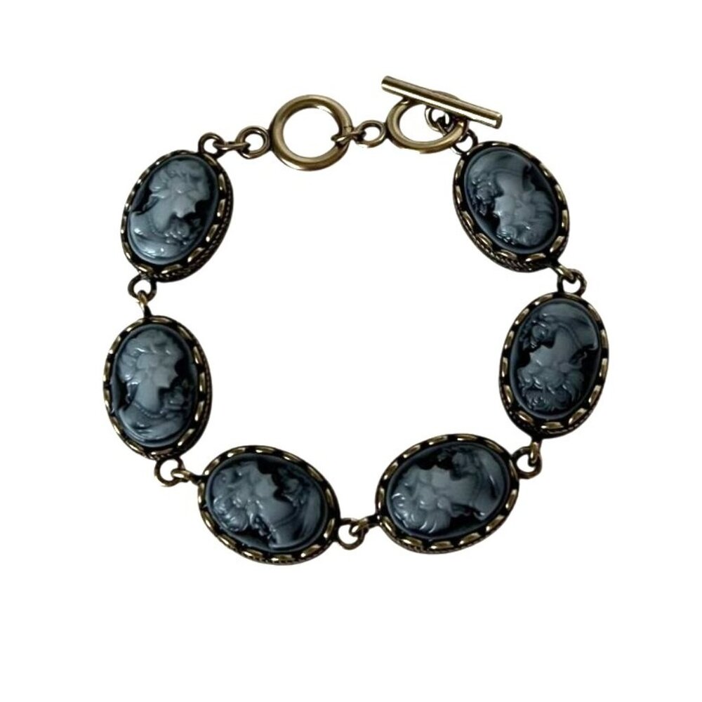 Blue Cameo Bracelet Antique Bronze Tone Toggle Clasp 8.5” Fits 7.5” Wrist - Picture 2 of 6